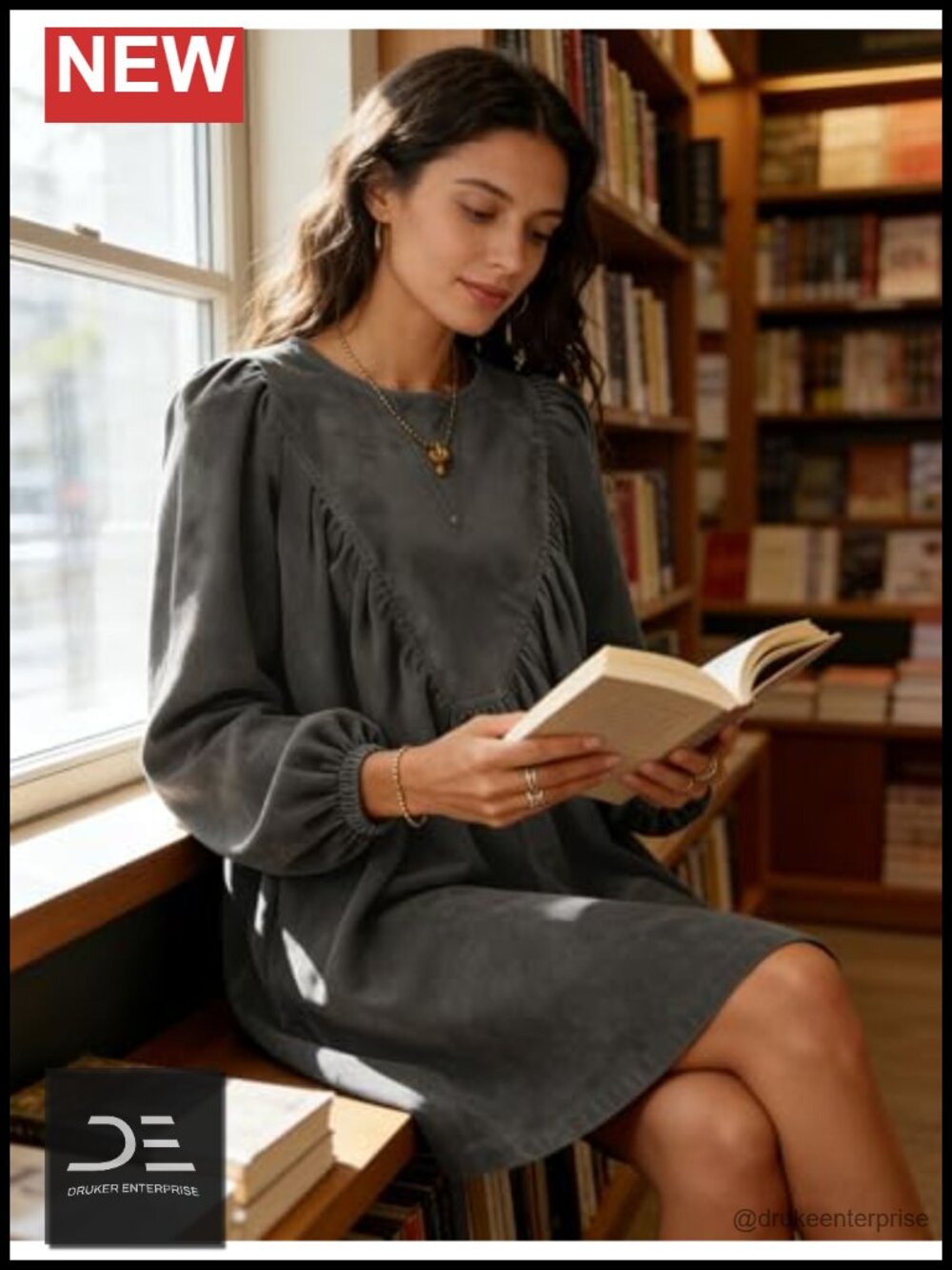 Faux Suede A-Line Peplum Pleated Babydoll Mini Dress Long Sleeve - Picture 5 of 6